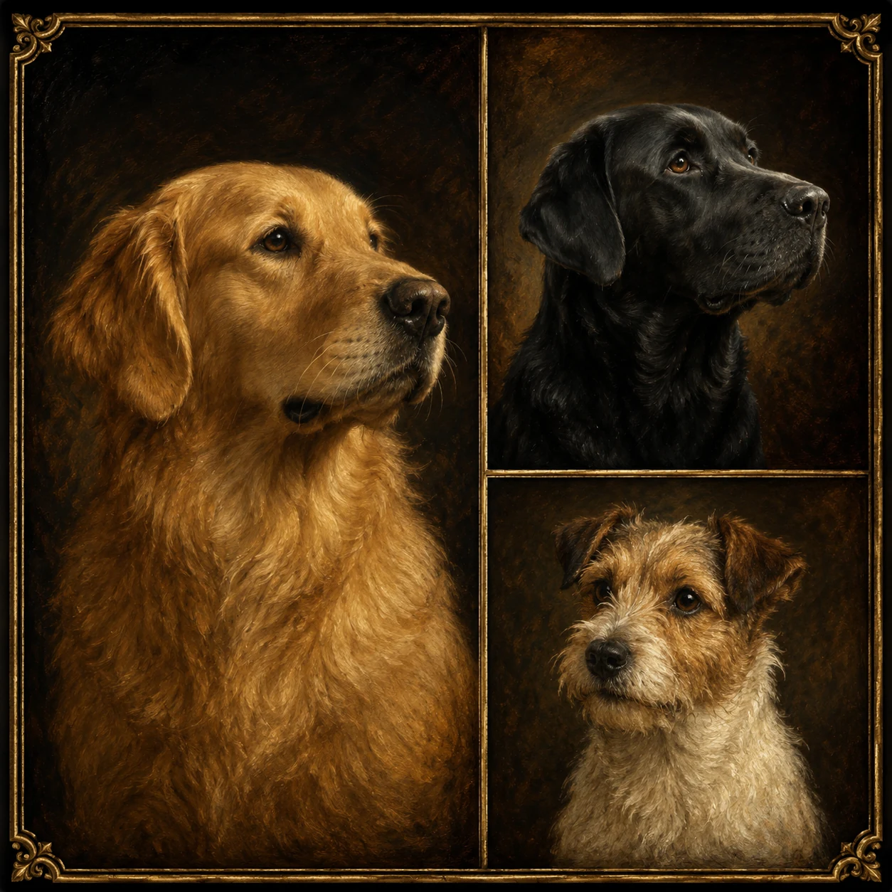 Three vintage-style dog oil paintings in the Old Masters tradition — a golden retriever, a black Labrador, and a Jack Russell terrier — framed in ornate gilt by Pet Pic Portraits